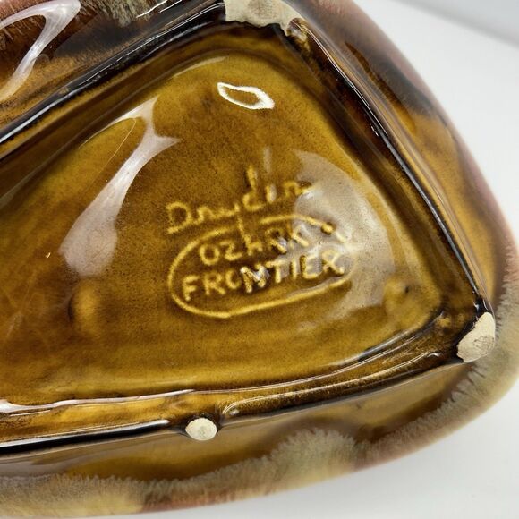 Vintage MCM Dryden Pottery Ozark Frontier Ashtray Brown Blue Drip Glaze 9.5” - Picture 5 of 12
